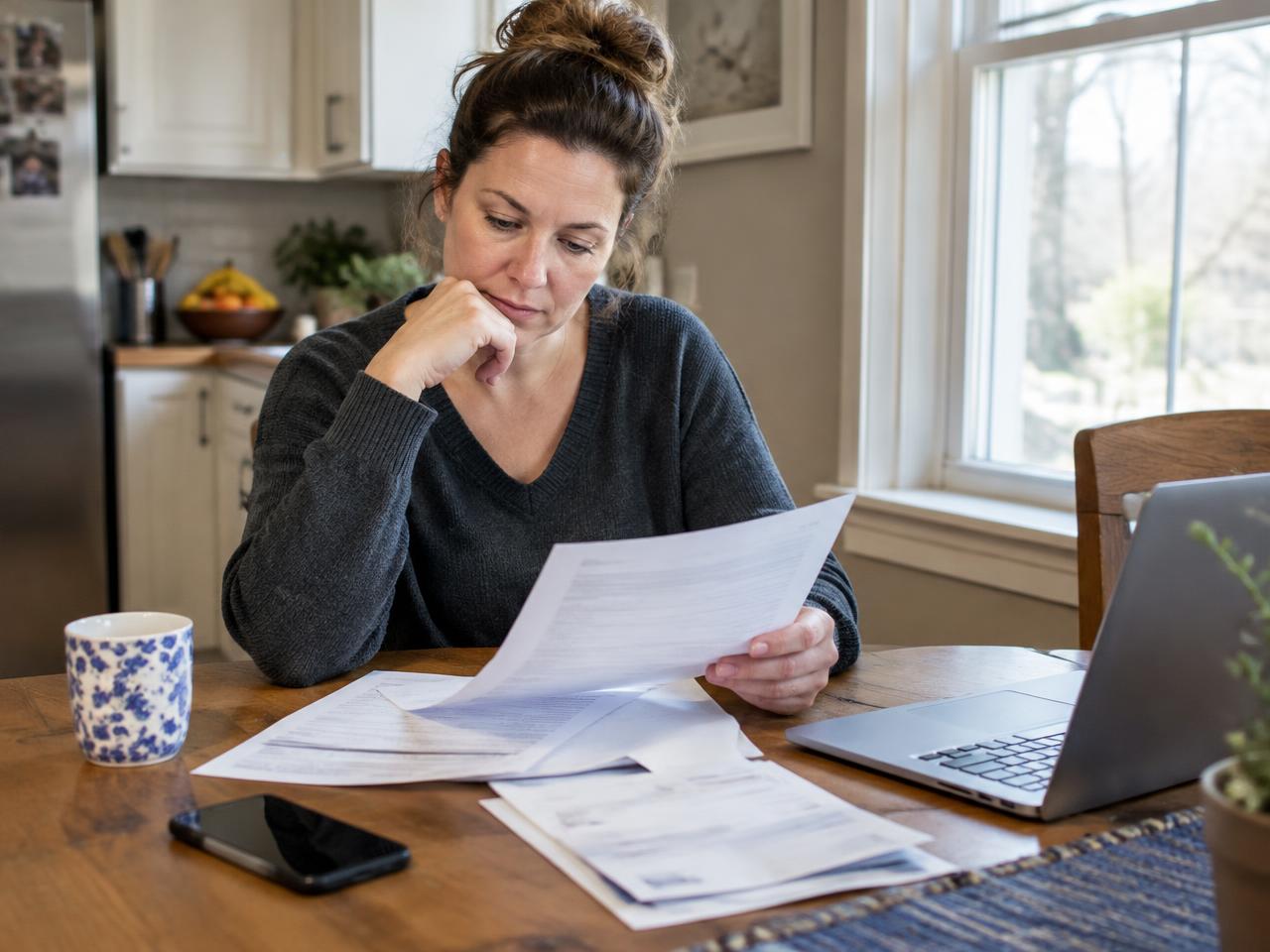 A woman at her kitchen table reviewing household bills with a laptop and phone nearby