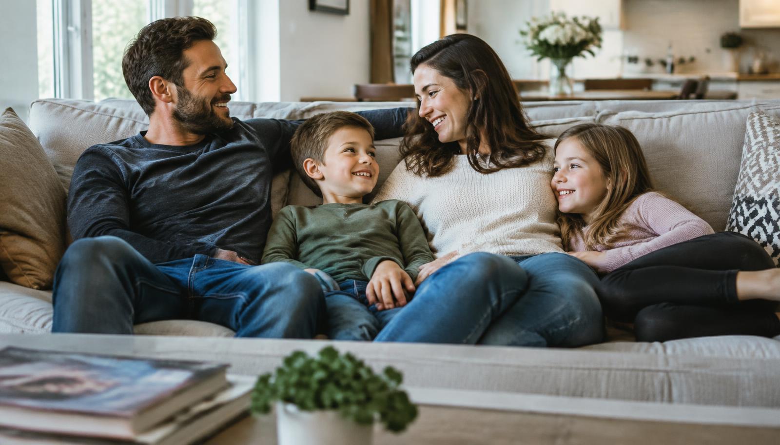 A family relaxing together on a couch at home