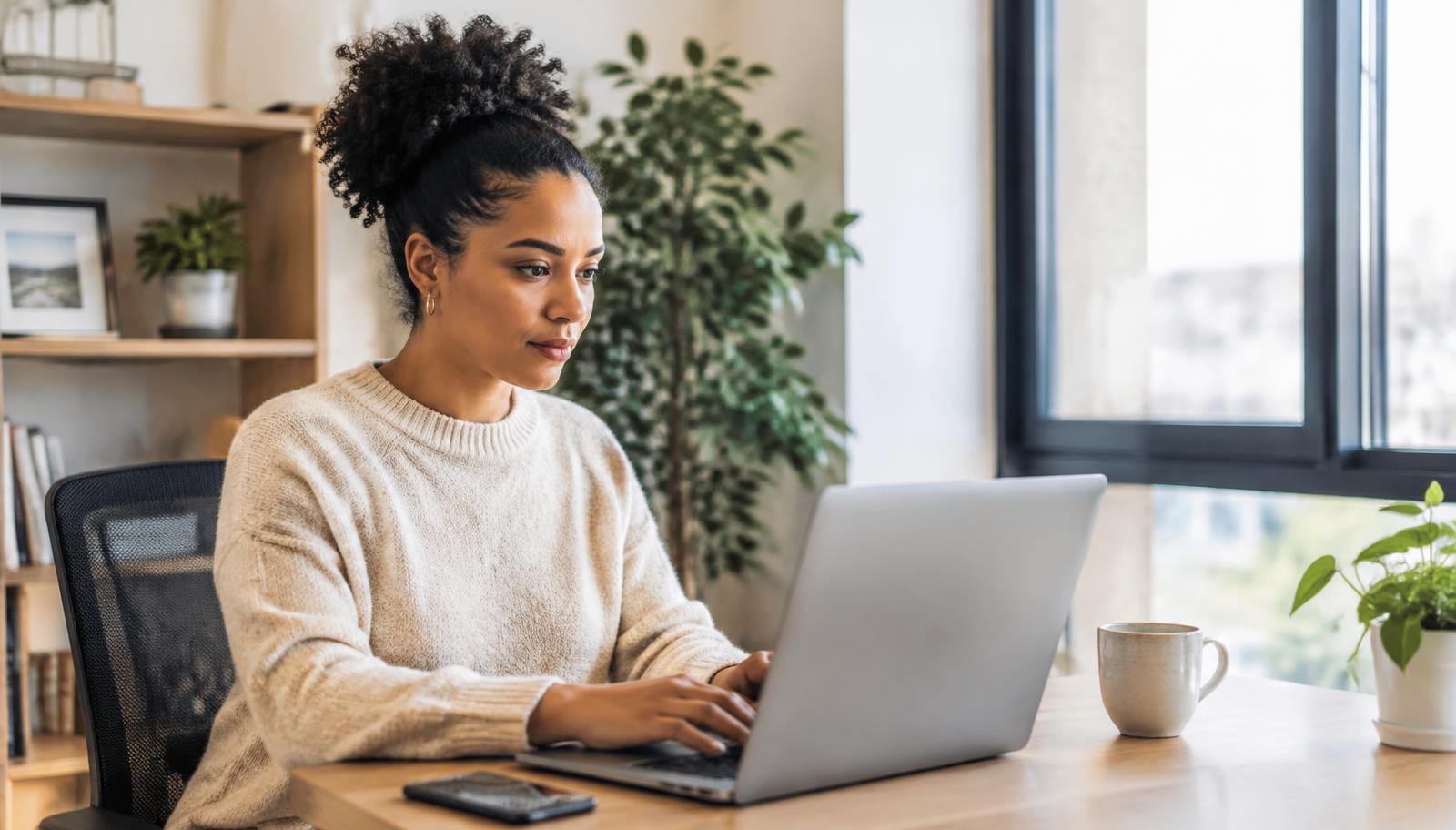 A woman working on a laptop in a bright home office