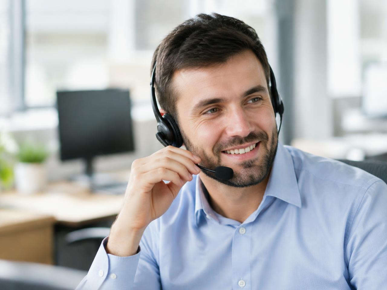 A support representative wearing a headset, speaking on the phone in an office